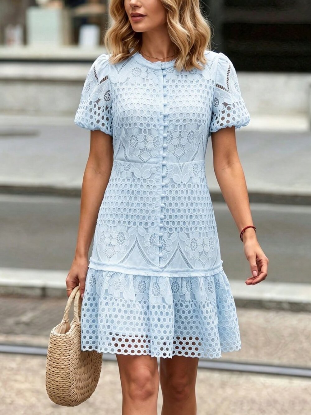 Baby Blue Elegant Women's Hollow-Out Floral Puff Sleeve Mini Dress Ruffle Hem - Picture 5 of 8